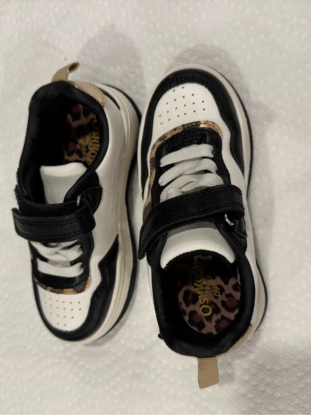 Kids Black and White Athletic Sneakers with Leopard Trim NEW